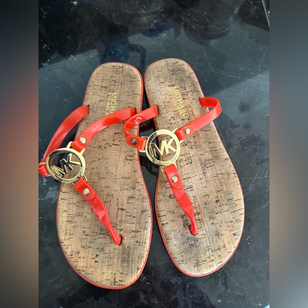 Michael Kors Orange Jelly Cork Flip Flops  with Gold Logo Size 8